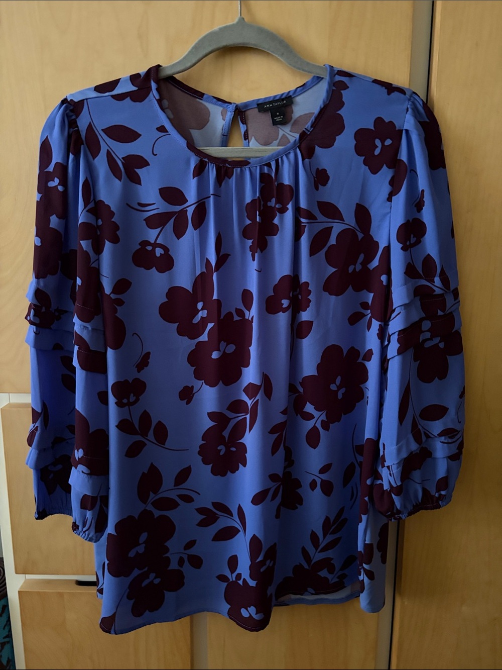 Ann Taylor Blue Floral Ruffle Sleeve Blouse